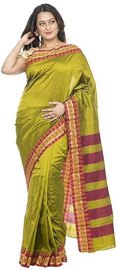 Polyester Silk Green Womens Saree with Blouse (Free Size)
