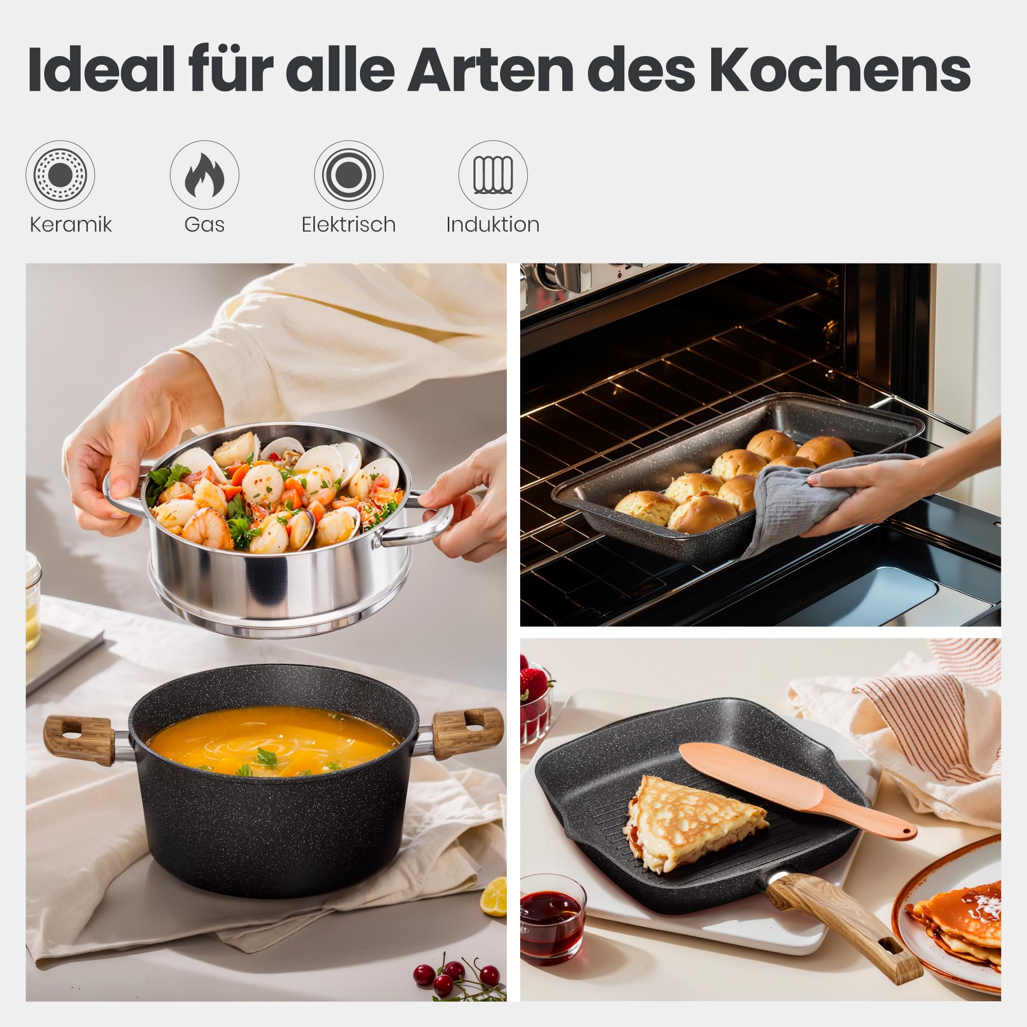 DishDelight Induktions-Kochgeschirr-Set mit Grillplatte 30-teiliges Induktions Töpfe Set Topf und Pfannenset mit Deckel Granit Antihaftbeshichtung Topfset Kochtopf 7
