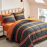 Flysheep Boho Striped Halloween Bed in a Bag 6 Pieces Twin Size, Ombre Bright Orange Stripes on Black Comforter Sheet Set (1 Comforter, 1 Flat Sheet, 1 Fitted Sheet, 2 Pillow Shams, 1 Pillowcase)