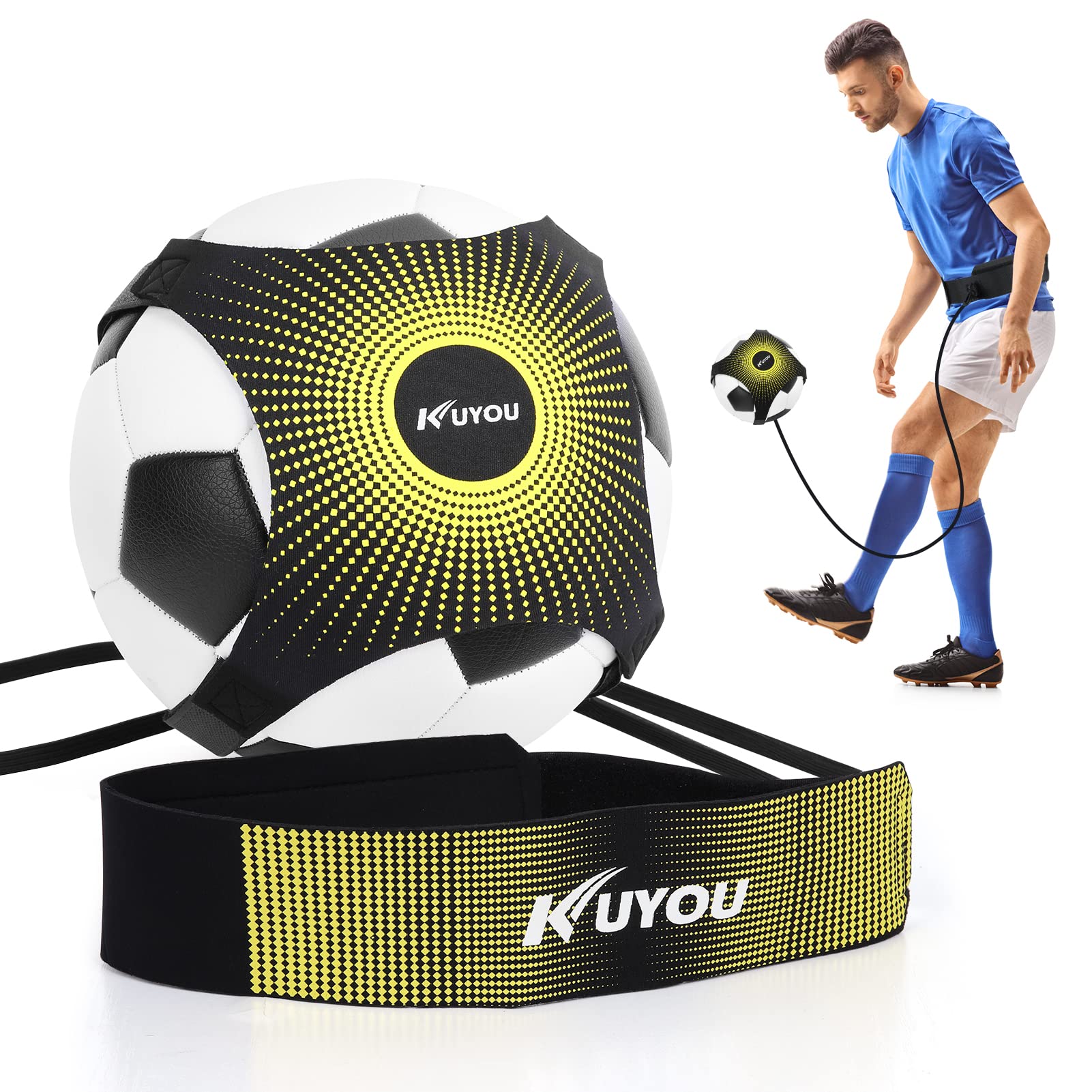 KUYOU Football Kick Trainer, Soccer Training Aid for Kids and Adults Hands Free Solo Practice,Volleyball/Rugby Training Equipment, Universal Fits #3#4#5 Footballs