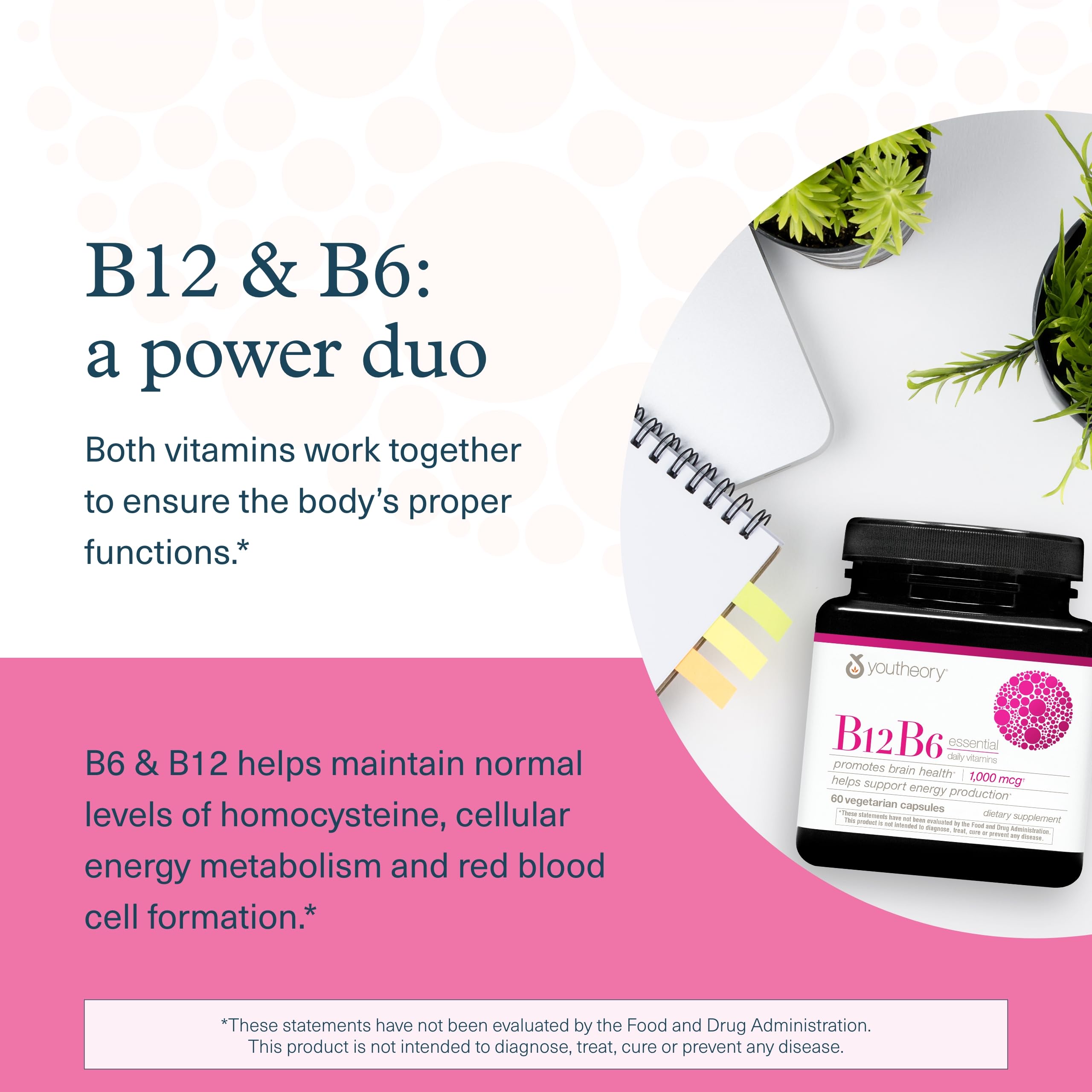 Youtheory B12B6 - Vegan Vitamin B6 & Vitamin B12 - Offers Brain Health, Energy & Immunity Support* - Dairy, Soy & Gluten Free - 60 Vegetarian Capsules