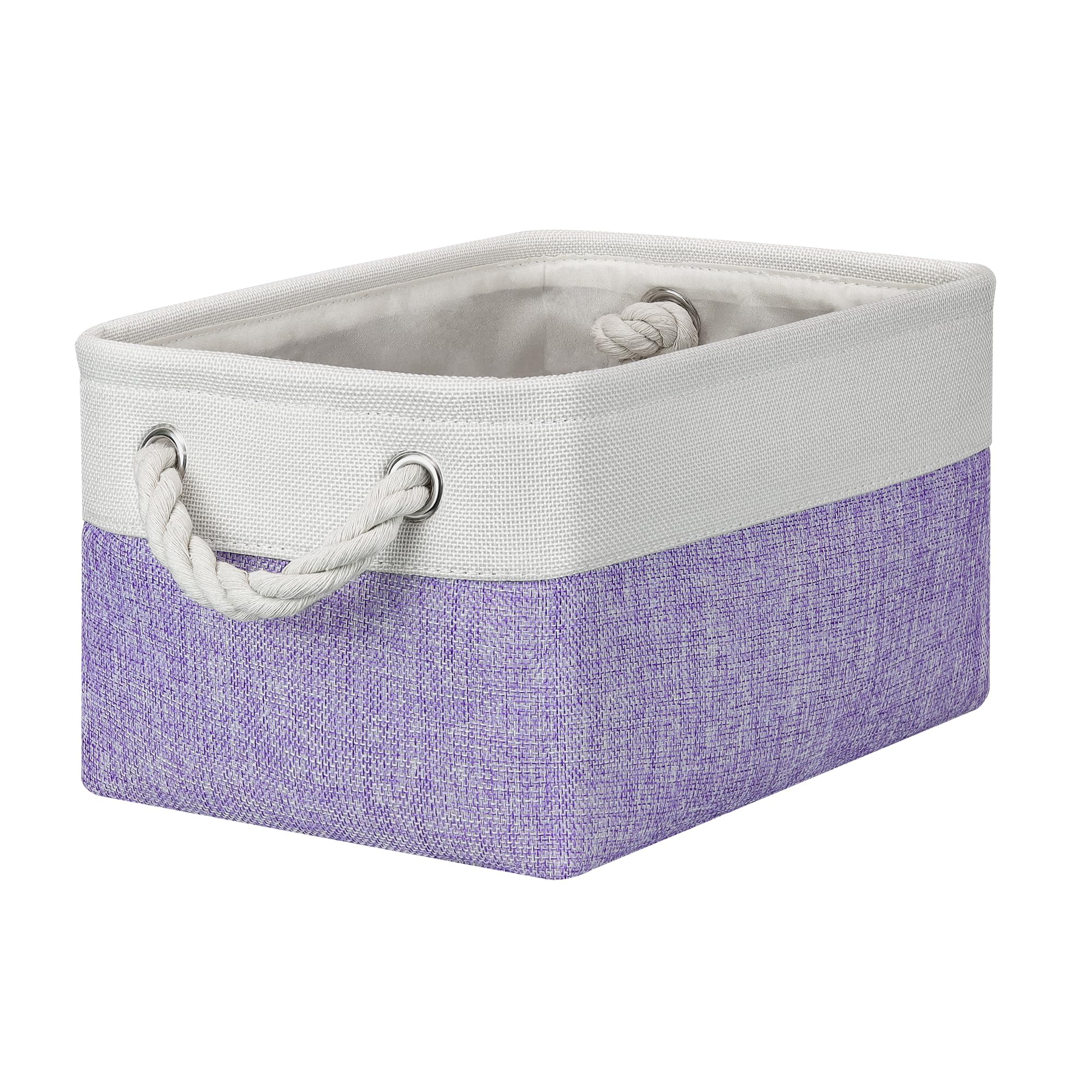 PWVMWM Small Storage Baskets with Rope Handles, Collapsible Fabric Storage Box, Small Linen Basket for Bedroom Bathroom Cupboards Shelves Wardrobe (31x21x16cm/1 Pack, White Purple)