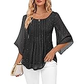 Youtalia Dressy Tops for Women Formal Elegant Blouses 3/4 Sleeve Sparkly Cocktail Party Evening Shirts
