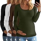 Huukeay 4 Pack Women's Cotton Maternity Tops Long Sleeve Ribbed Side Ruched Scoop Neck Shirts Casual Mama Pregnancy Clothes
