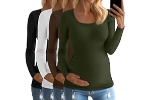 Huukeay 4 Pack Women's Cotton Maternity Tops Long Sleeve Ribbed Side Ruched Scoop Neck Shirts Casual Mama Pregnancy Clothes