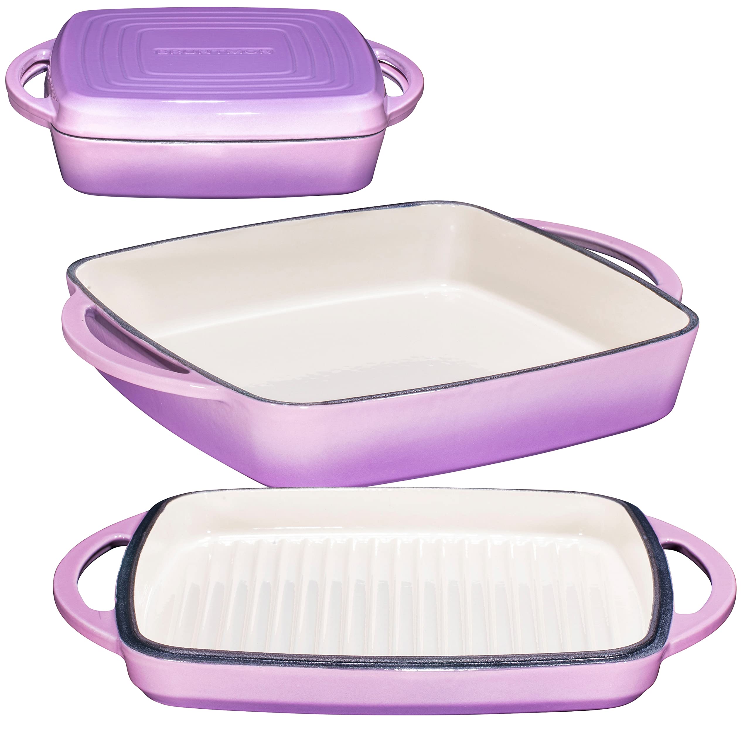 Bruntmor 2-in-1 Square Enamel Cast Iron Dutch Oven Baking Pan with Handles, Purple Baking Pans Set with Cast Iron Skillet, Braising Pan for Casserole Dish with lid, Oven Safe