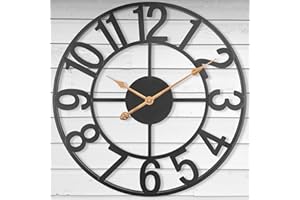 Mofine Outdoor Clocks for Patio, Large Outdoor Pool Clock, European Industrial Skeleton Metal Outdoor Clock Silent Battery Operated, Vintage Wall Clock for Backyard/Garden/Fence, 14 in