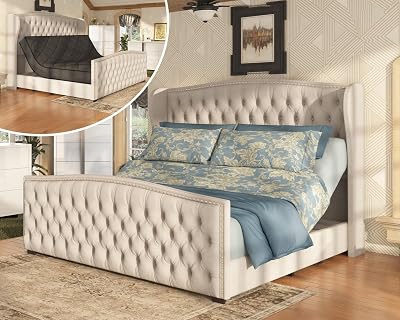 AMERLIFE 51" H Queen Size Adjustable Bed Frame with Velvet Upholstered and Deep Button Tufted Headboard, Electric Bed with Dual Motor/Nailhead Trim Wingback, No Box Spring Needed, Cream