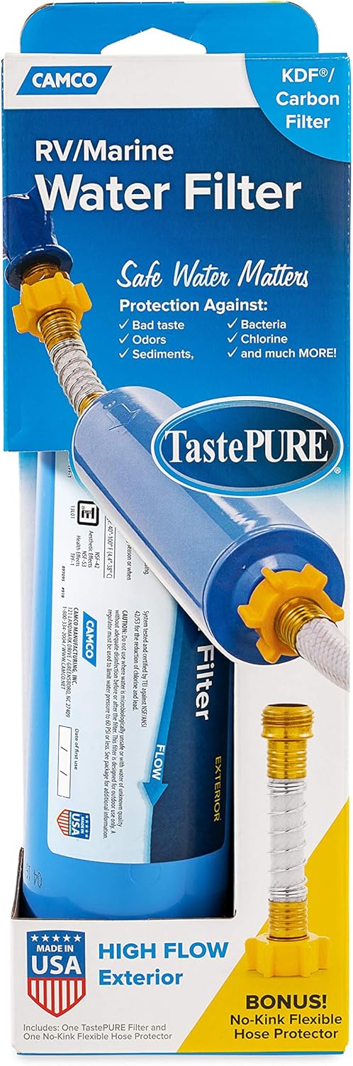 Camco 40043 TastePure RV/Marine Water Filter with Flexible Hose Protector | Protects Against Bacteria | Reduces Bad Taste, Odors, Chlorine and Sediment in Drinking Water: Automotive