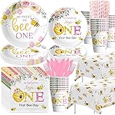 Suhelkit Bee 1st Birthday Party Supplies for Girls, Pink Floral So Sweet First Bee Day Bumblebee Birthday Decorations Tableware, Paper Plate, Cup, Napkin, Disposable Cutlery, Tablecloth, 24 Guests