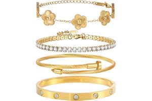 GIVCHO 18K Gold Plated Nail Love Bangle Bracelet Set for Women Stackable Floral Clover Adjustable Tennis Bracelet Non Tarnish Gift Jewelry for Christmas Valentines Birthday Mother's Day