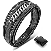 murtoo Mens Bracelet Leather with Steel Chain, 'Chain of Freedom' Brown and Black Leather Bracelet with Adjustable Clasp for Men Gift