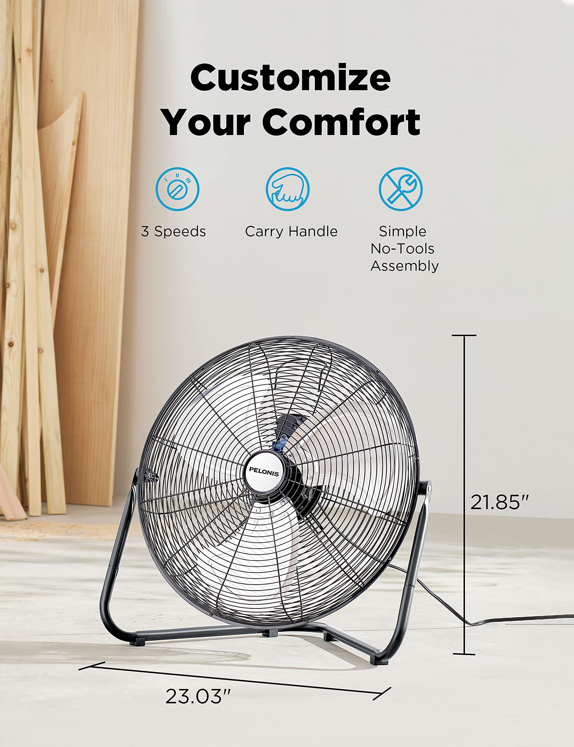 Pelonis Fan 20 Inch Floor Fan | Heavy Duty All Metal High Velocity Floor Fan with 3-Speeds| Adjustable Tilting Head | Quickmount Bracket for Home, Industrial, and Commercial Use