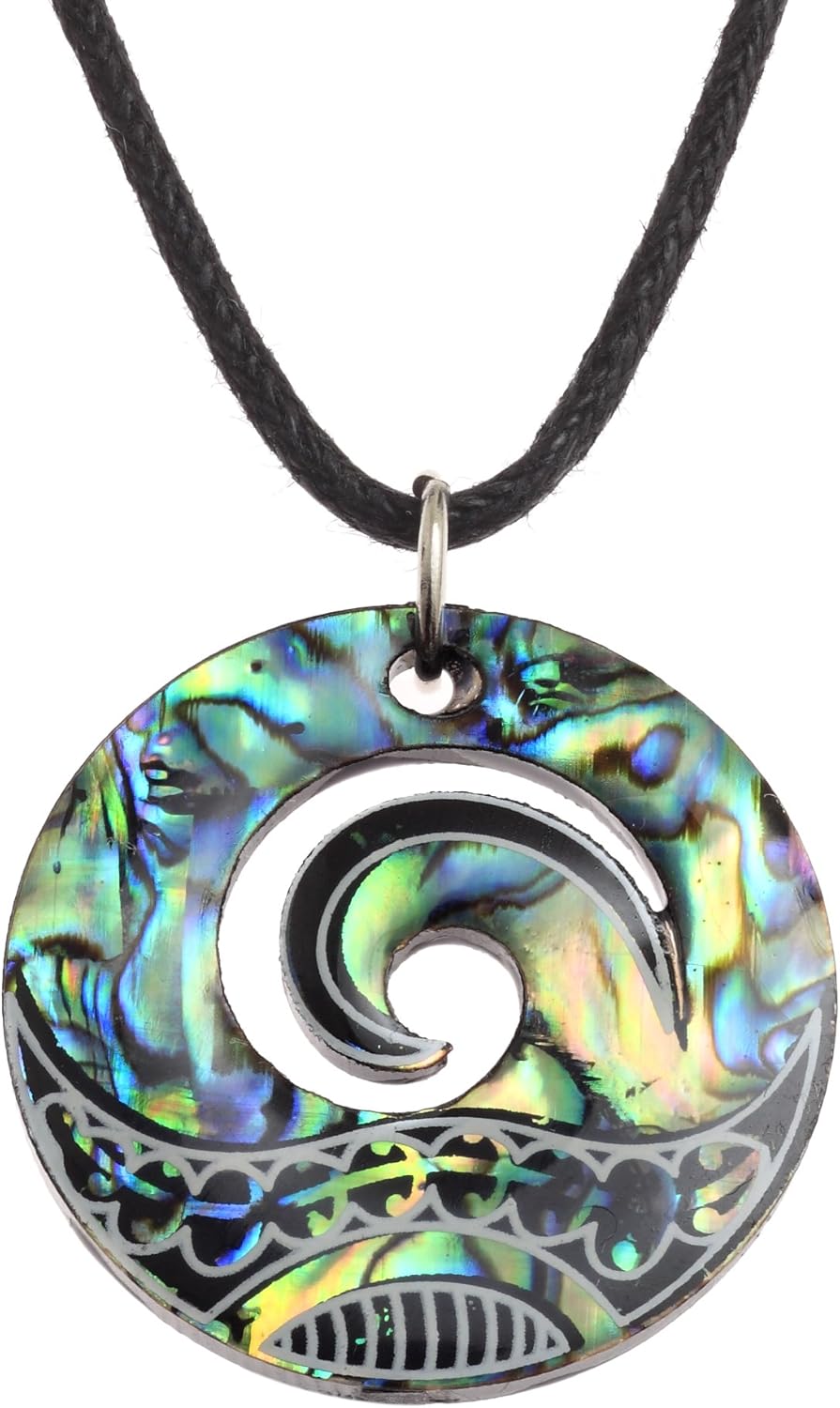 Kiara Jewellery Maori Koru or Wave Crest Pendant Necklace Inlaid With Bluish Green Paua Abalone Shell on 18" Black Cord On Black Plastic Back Disc
