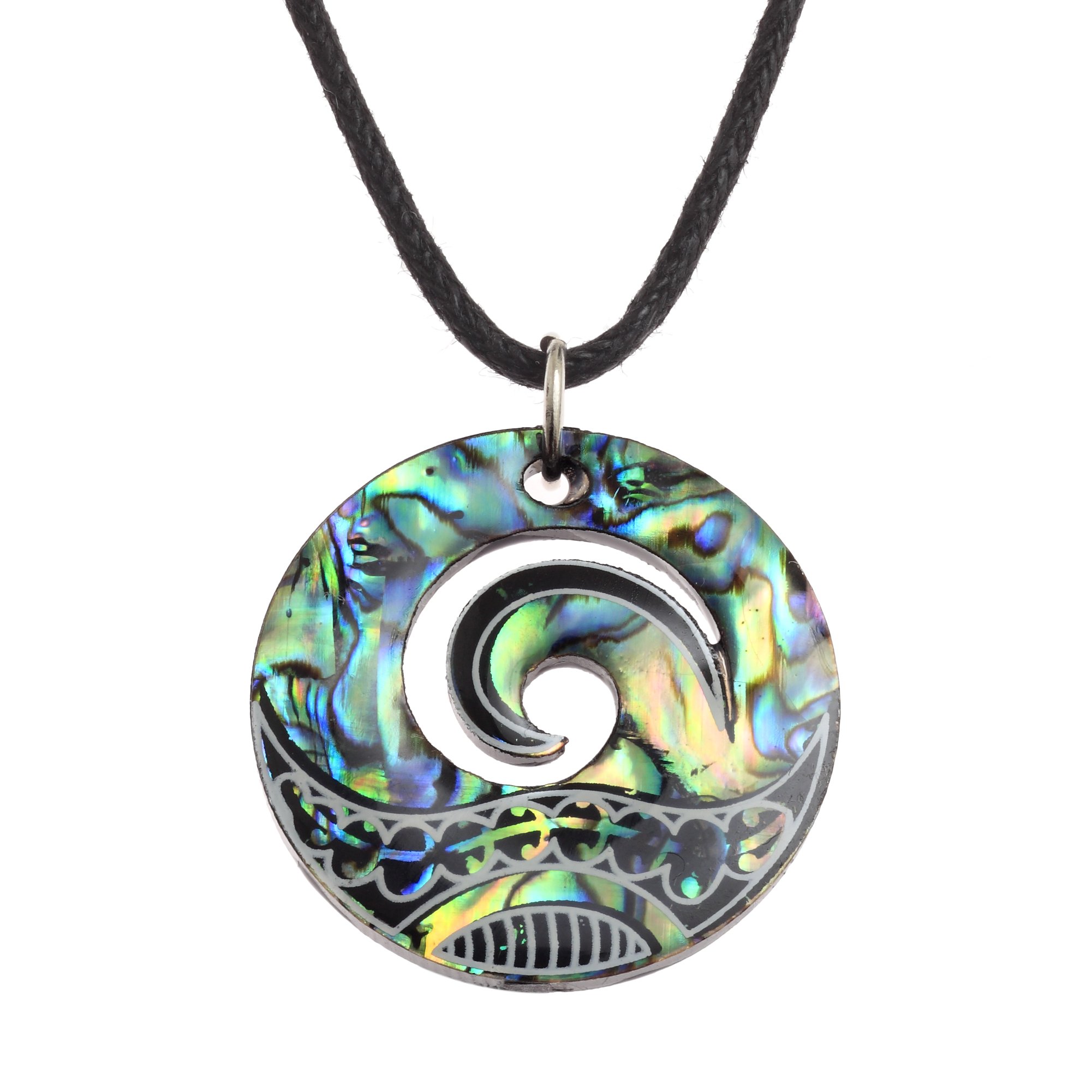 Kiara Jewellery Maori Koru or Wave Crest Pendant Necklace Inlaid With Bluish Green Paua Abalone Shell on 18" Black Cord On Black Plastic Back Disc.
