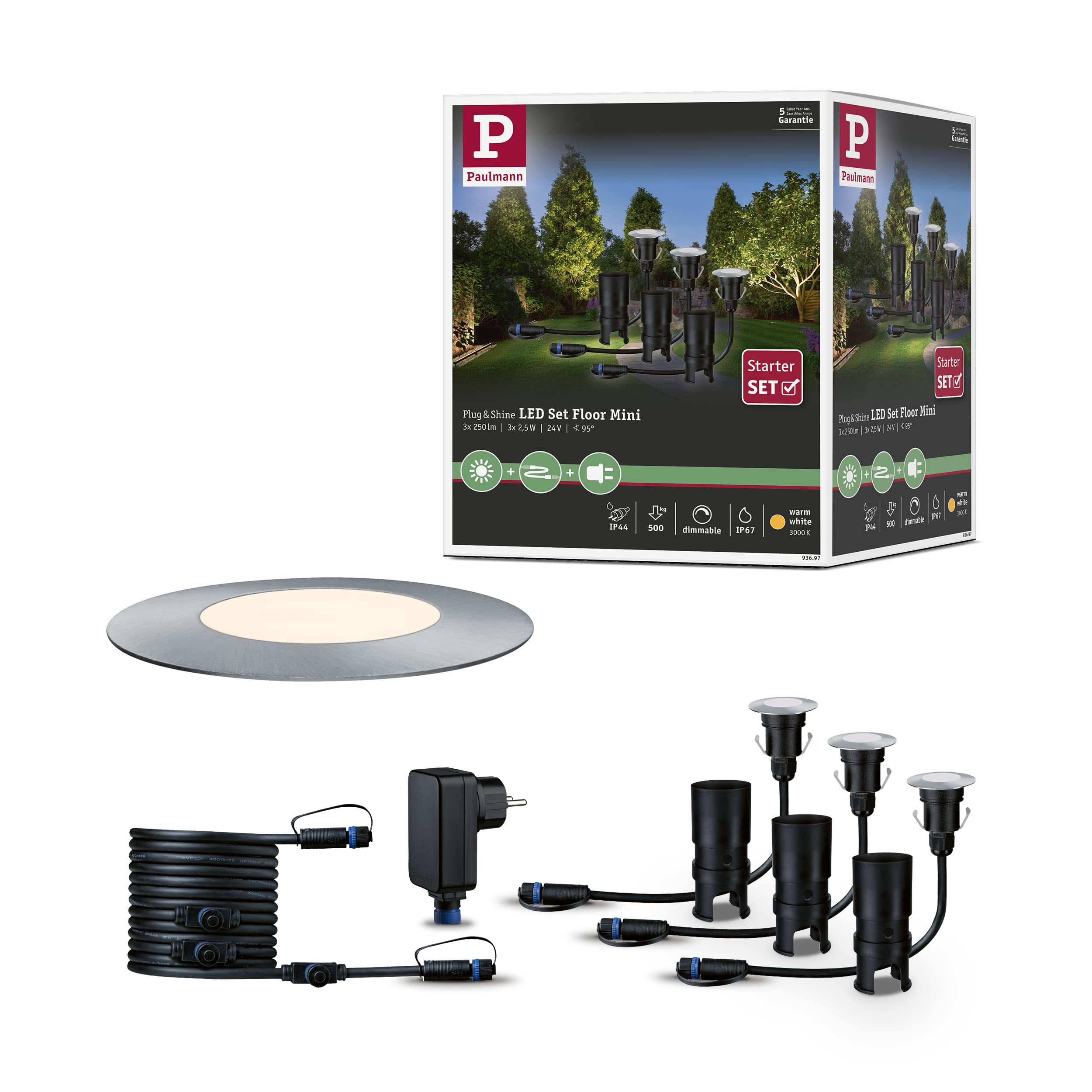 Paulmann 93697 Outdoor Plug & Shine Floor Mini Set IP65 3000K 3x2.5W 24V 55mm Silver, 5.5 x 5.5 x 9 cm
