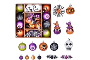 COVBOARD 28Pcs Halloween Ball Ornaments Set, Shatterproof Hanging Halloween Tree Ornaments with Spider, Pumpkin, Skull Design for Indoor&Outdoor Holiday Party Decoration
