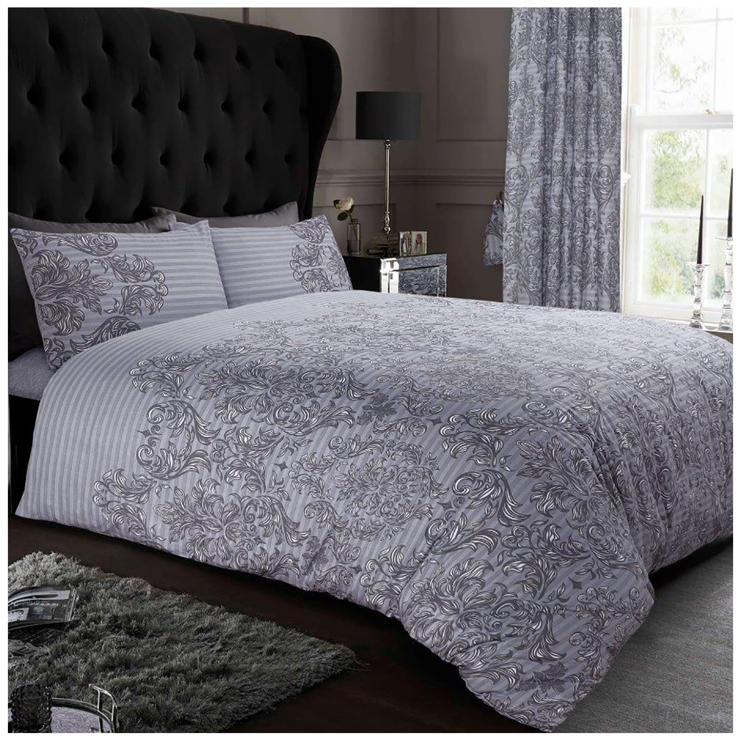 GC GAVENO CAVAILIA Damask Duvet Cover Grey Single, Warm & Cosy Breathable Floral Bedding Quilt Set With Pillowcase
