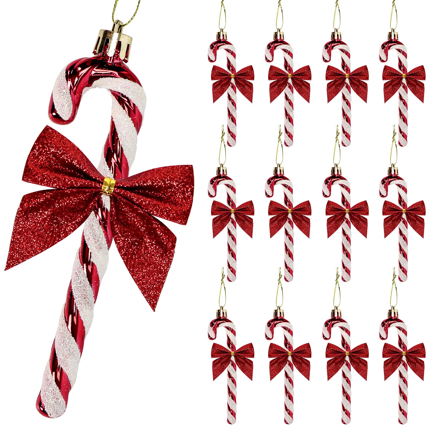 12 Pcs Candy Cane Christmas Decorations,5.5inch Glitter Candy Cane Bows for Xmas Tree Hanging Ornament Holiday Festival Party Home Decoration (Red)