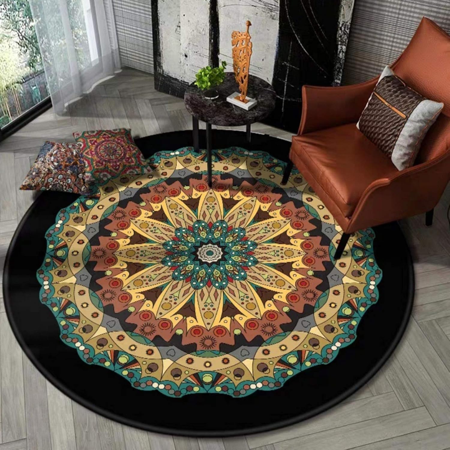 Amazon.com: Vintage Round Rug Traditional Round Carpet With Floral Pattern In Bohemian Mandala ...