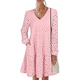 ANRABESS Long Sleeve V Neck Dresses for Women Eyelet Hollow Out Business Casual Tiered 2026 Fall Mini Dress with Pockets