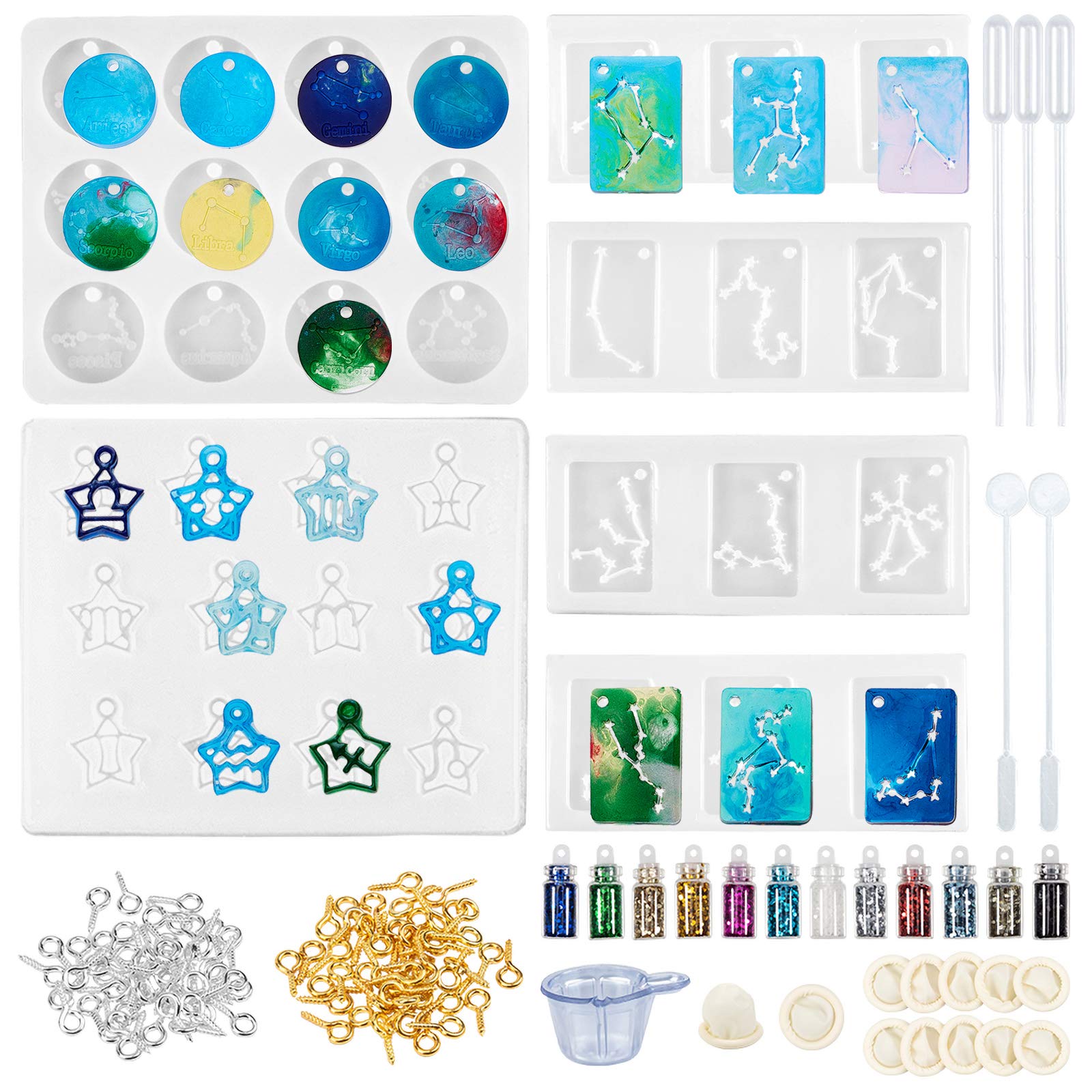 OLYCRAFT 36pcs Twelve Zodiac Signs Silicone Molds Constellation Pendants Resin Casting Mold Kit of Three Styles with Sequins and Tools for Epoxy Resin Jewelry Making and Art Projects