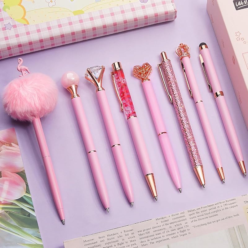 WEMATE 8Pcs Pink Ballpoint Pens Set Elegant 1.0mm Black Blue Ink