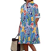Womens Shirt Dresses Patterned Printed Casual V Neck Long Sleeves Loose Cocktail Party Fashion Dress with Pockets