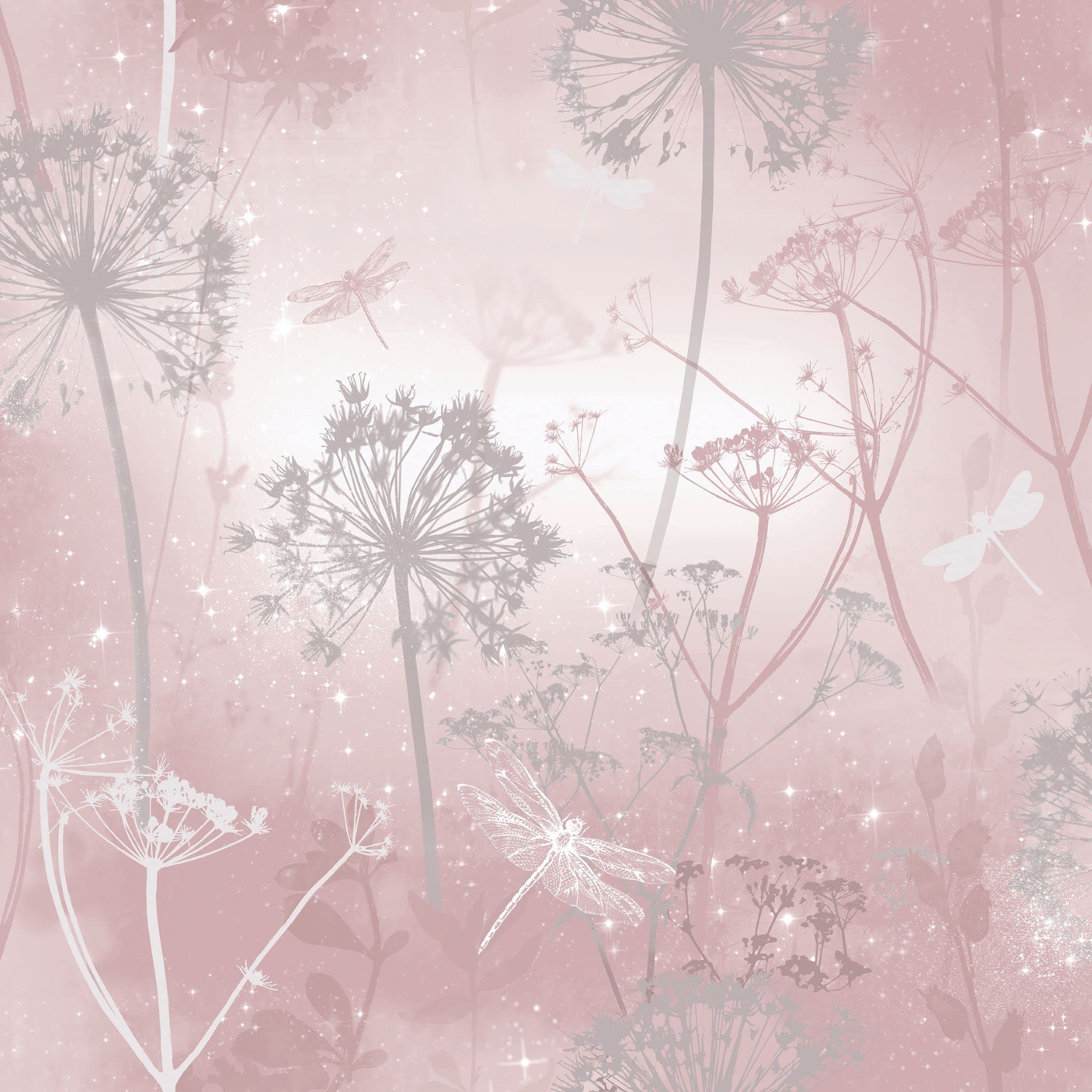 Arthouse Damselflies Pink & Silver Grey Blush Sparkling Wallpaper - Encased Glitter Gel Highlights Catch The Light - Subtly Sparkling Glamour - Delicate Botanical Motifs - Magical Effect - 692305