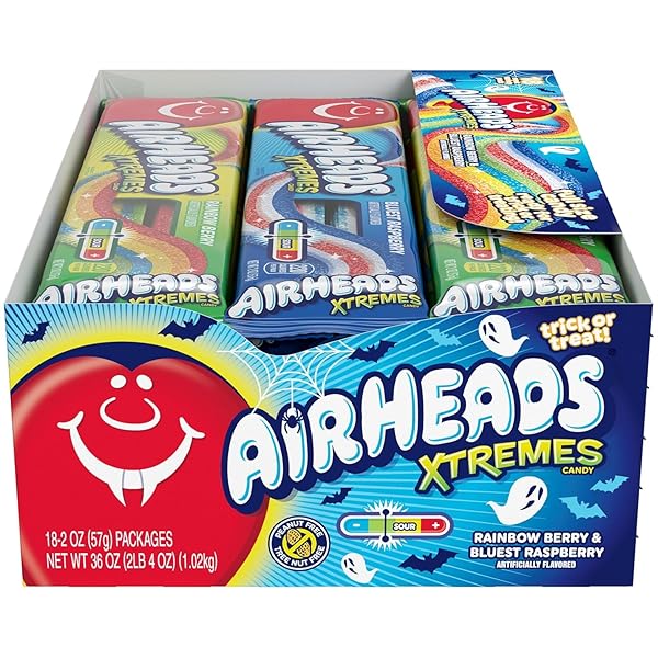 AIRHEADS XTREMES BELTS, HALLOWEEN TRICK OR TREAT PACK, RAINBOW BERRY AND BLUEST RASPBERRY FLAVORS, ASSORTED MULTIPACK, 2OZ (PACK OF 18)