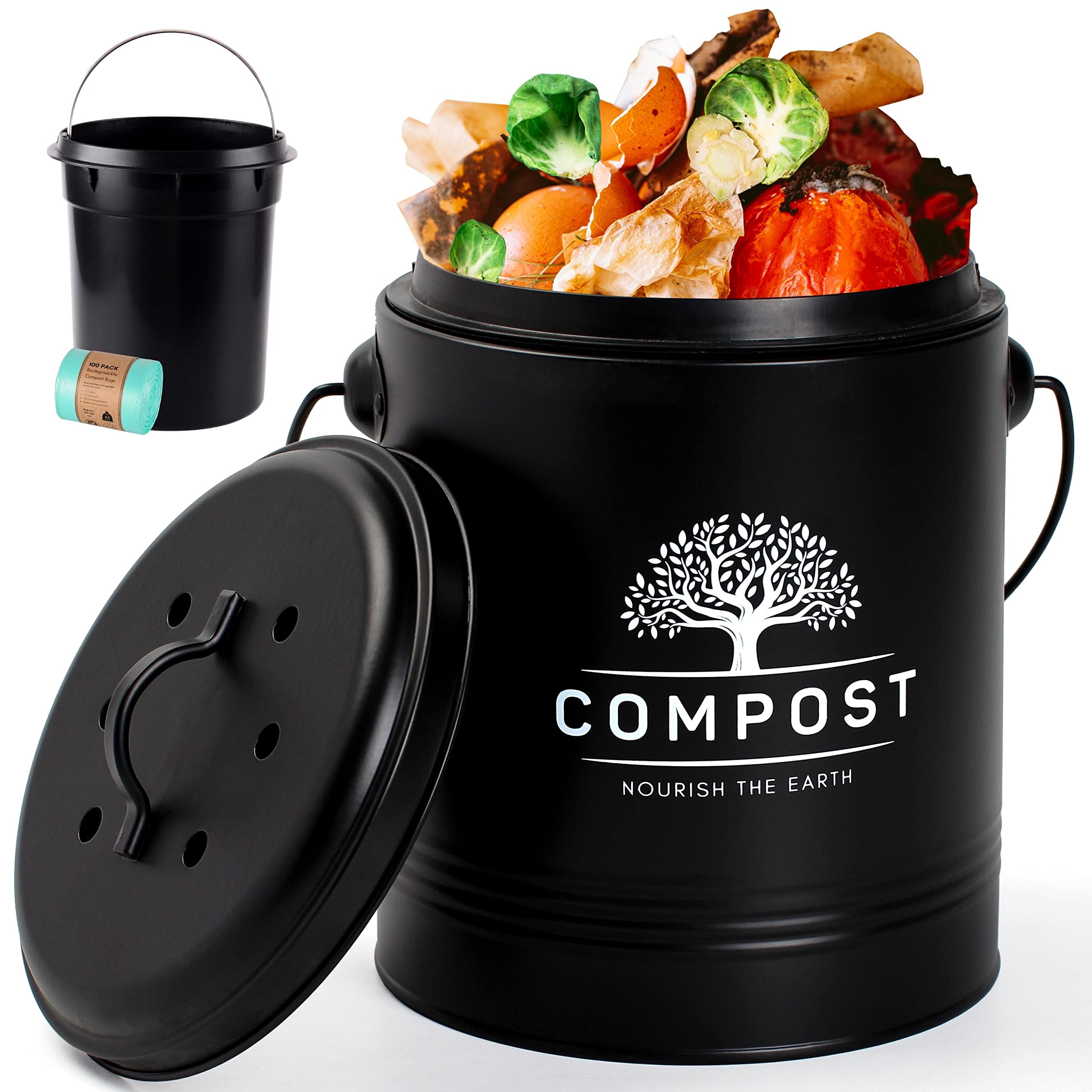 Photo 1 of Perfnique Kitchen Compost Bin, 1.3 Gallon Countertop Compost Bin with Lid, Indoor Compost Bucket Includes Inner Bucket Liner and Carbon Filter, Small Compost Bin with Trash Bags (with Bags, Black)