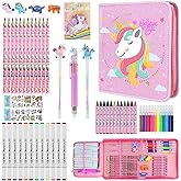 JAMIEWIN Markers Set with Glitter Unicorn Pencil Case, 59 Pcs Art and Craft Supplies Kit for Kids, Unicorn Gifts for Girls 4-9 Year Old for Christmas Birthday