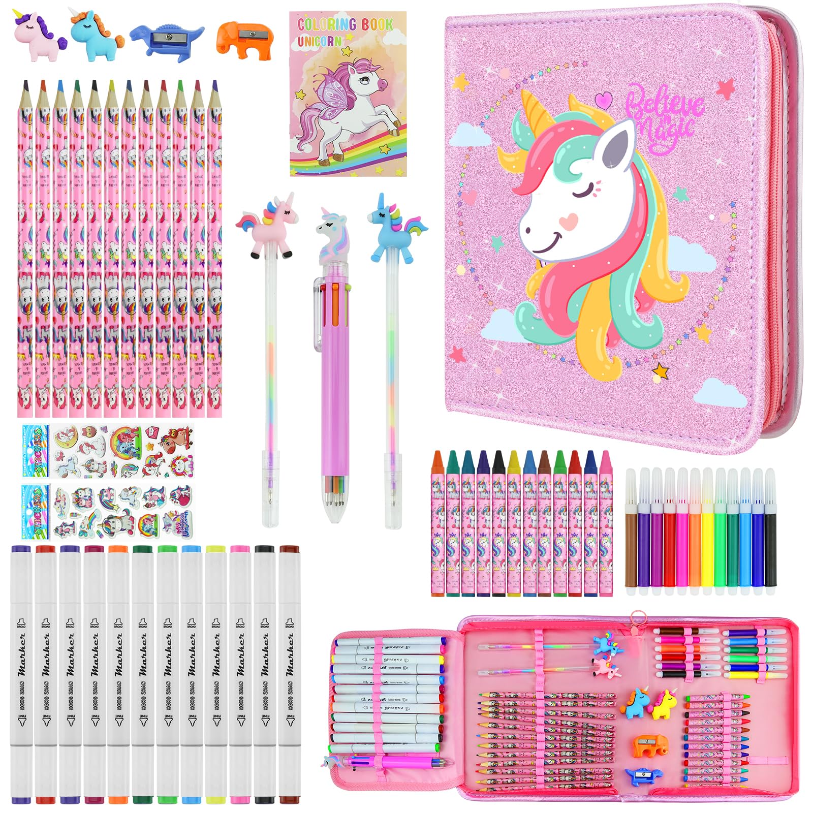 Alljia 59pcs Unicorn Set Gifts Washable Markers Set with Glitter Pencil Case, Art and Craft for Girls Age 4 5 6 7 8 9, Art Crafts Colouring Set with Stickers, for Girls