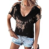 Remidoo Cold Shoulder Tops for Women V Neck Sexy Tops Short Sleeve Tie Dye Shirt Concert Outfits