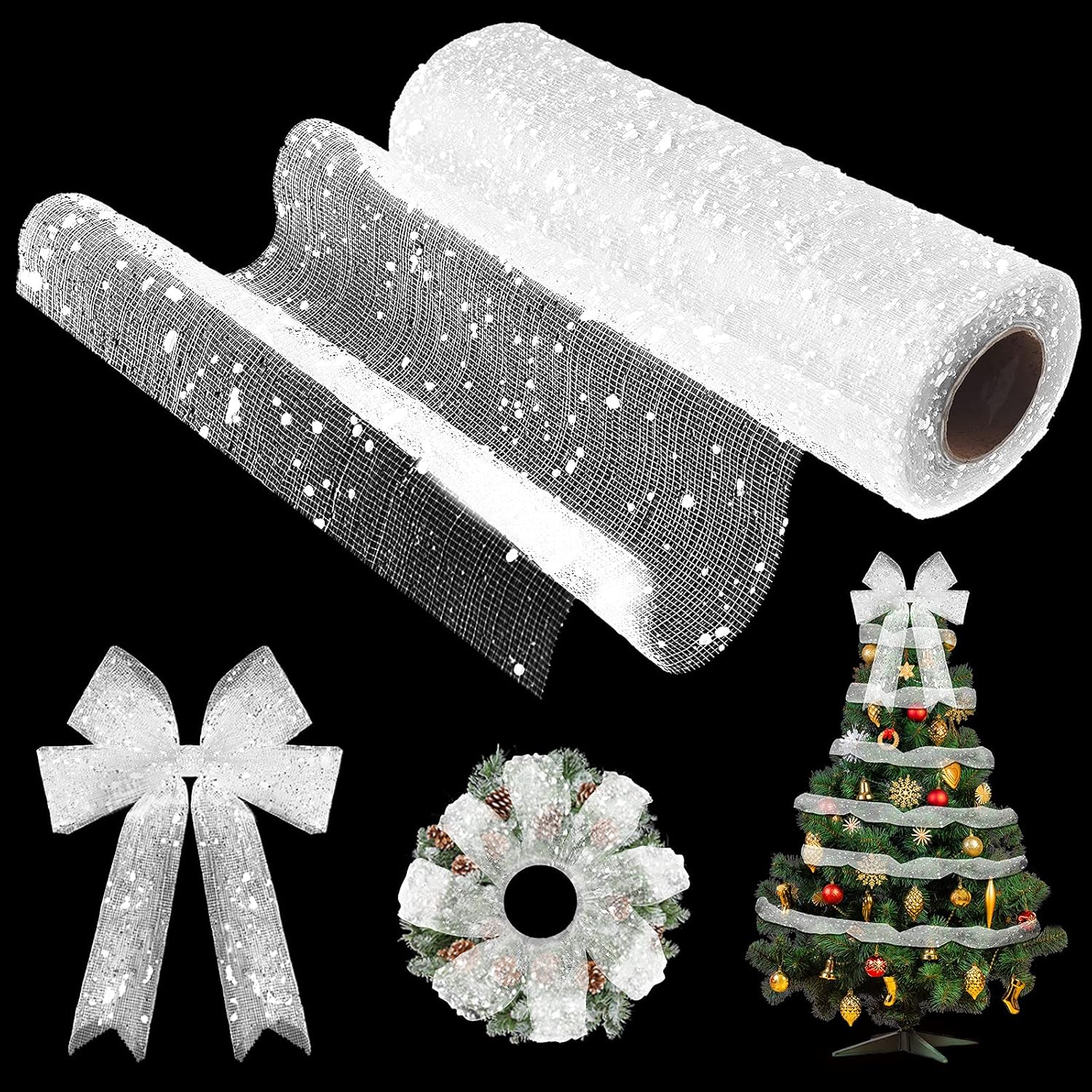 Bows & Ribbons - 10 Inch x 30 Feet Christmas Snow Poly Mesh Ribbon Snowball Decorated Mesh Ribbon Christmas Tree Wreath Mesh Ribbon Christmas Ribbon for Christmas Graduation Party Decoration (White)