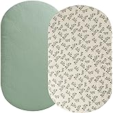 Muslin Bassinet Sheet Compatible with 4moms Mamaroo Sleep Bassinet | 2 Pack Cotton Stylish Boho Fitted Bassinet Sheets Soft for Baby Roman Green &amp; Botanical Leaf