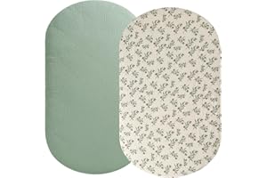 FADACUDAN Muslin Bassinet Sheet Compatible with UPPAbaby Bassinet, 2 Pack Cotton Stylish Boho Fitted Bassinet Sheets Super Soft for Baby Roman Green & Botanical Leaf