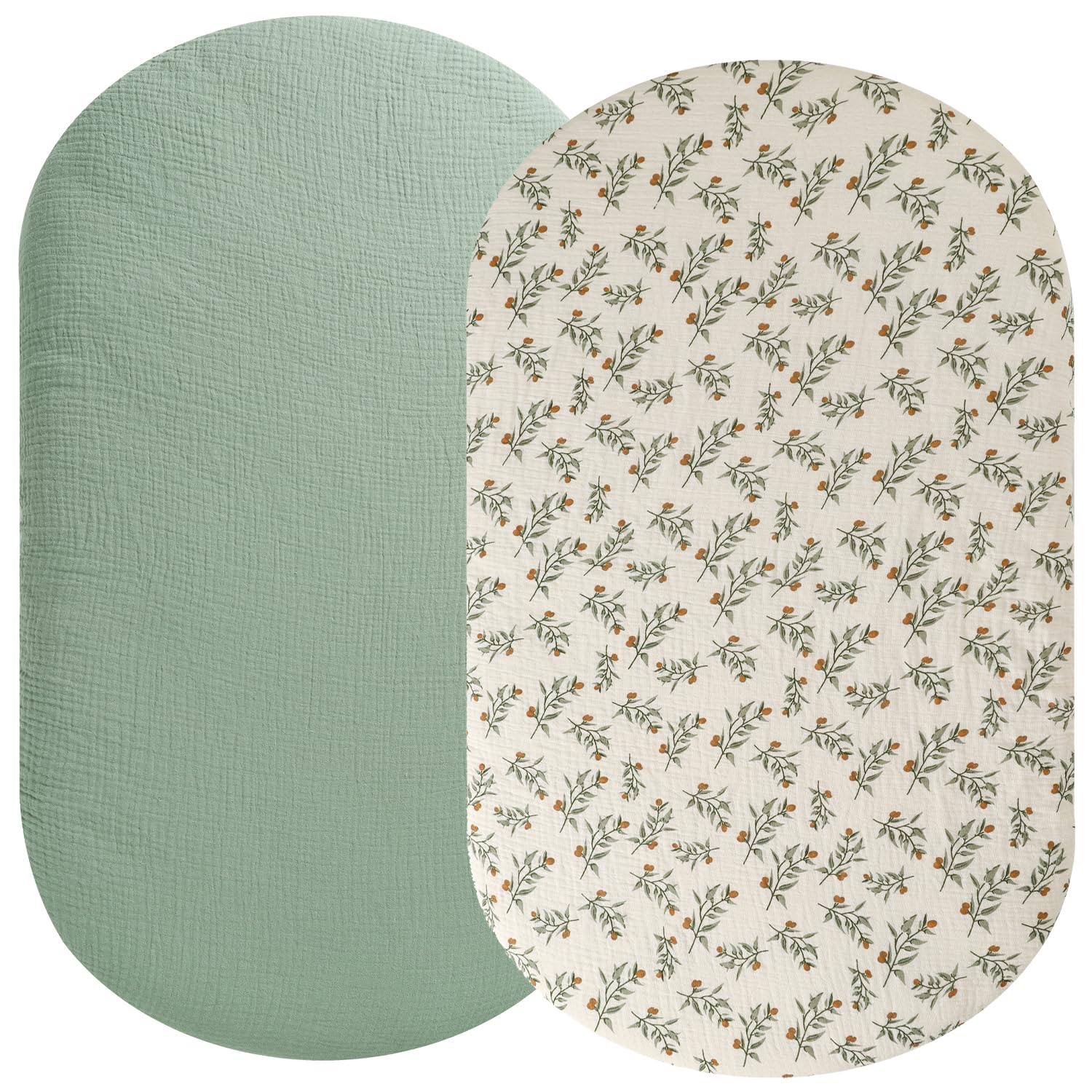 Photo 1 of Muslin Bassinet Sheet Compatible with Munchkin, Graco Pack n Play Day2Dream Bassinet,Nordmiex Travel Portable Bassinet, 2 Pack Cotton Fitted Bassinet Sheets for Baby Roman Green & Botanical Leaf