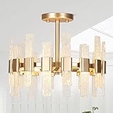 KSANA Gold Semi Flush Mount Ceiling Light, Modern Drum 3-Light Close to Ceiling Light Fixture with Textured Glass for Hallway