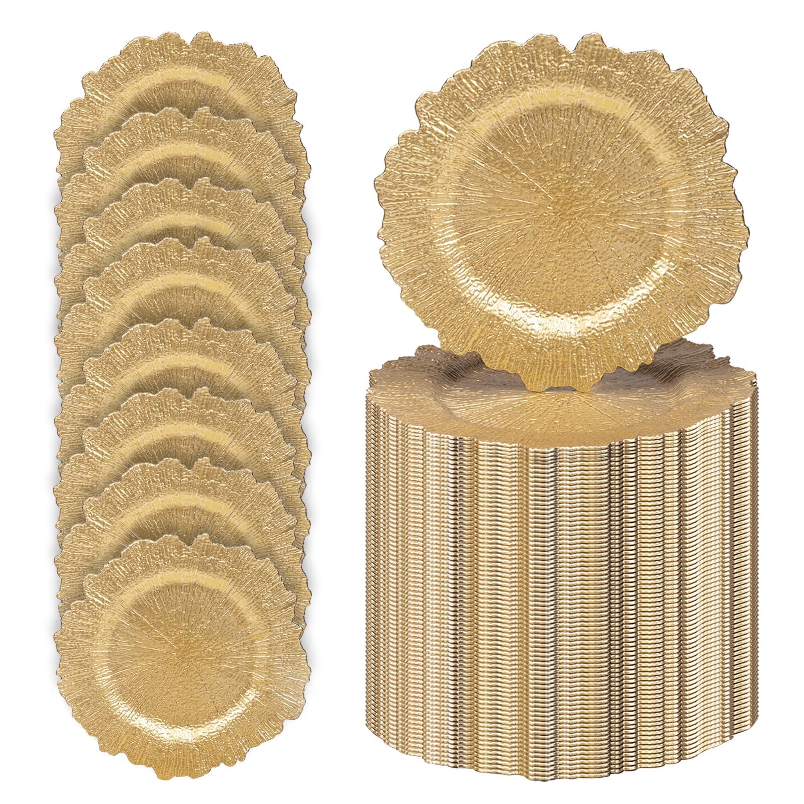 Photo 1 of ***85 PIECES, VIEW NOTES*** MAONAME 13" Gold Charger Plates, Round Reef Chargers for Dinner Plates, Plastic Plate Chargers Bulk for Table Setting, Wedding Decor, Set of 100
