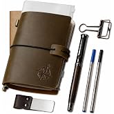 WANDERINGS Pocket Size Travelers Notebook Bundle &ndash; 4" x 5.1" (10 x 13cm) &ndash; Genuine Leather Journal with Pen Holder, Pen, 2 Ink Refills, PVC Folder &amp; Binder Clip