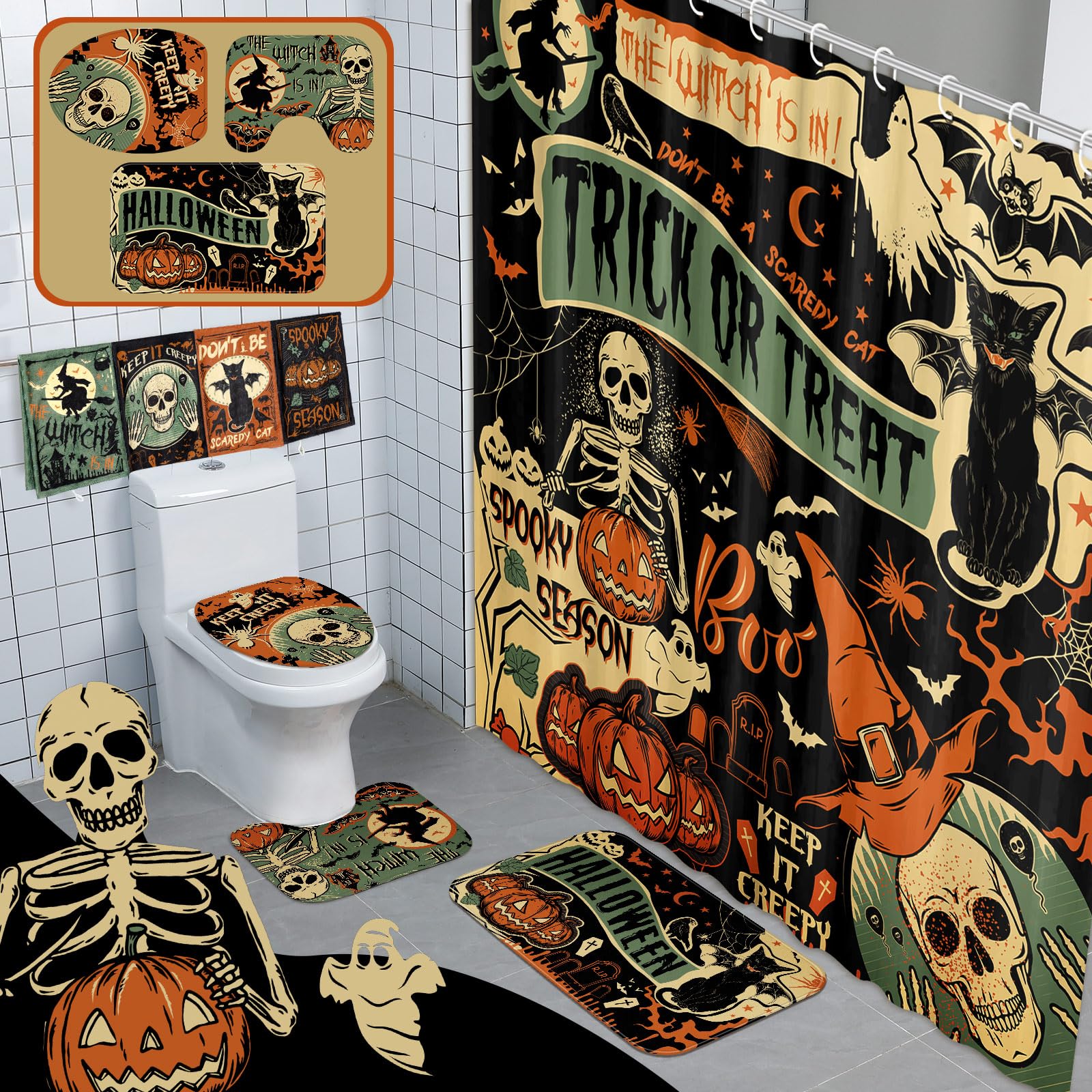 Photo 1 of FuWeave 8 Pcs Halloween Shower Curtain Set for Bathroom Include Vintage Ghost Pumpkin Bat Cat Towels Non Slip Skull Rugs Toilet Lid Cover Spider Web Bath Mat and 12 Hooks for Halloween Bathroom Decor