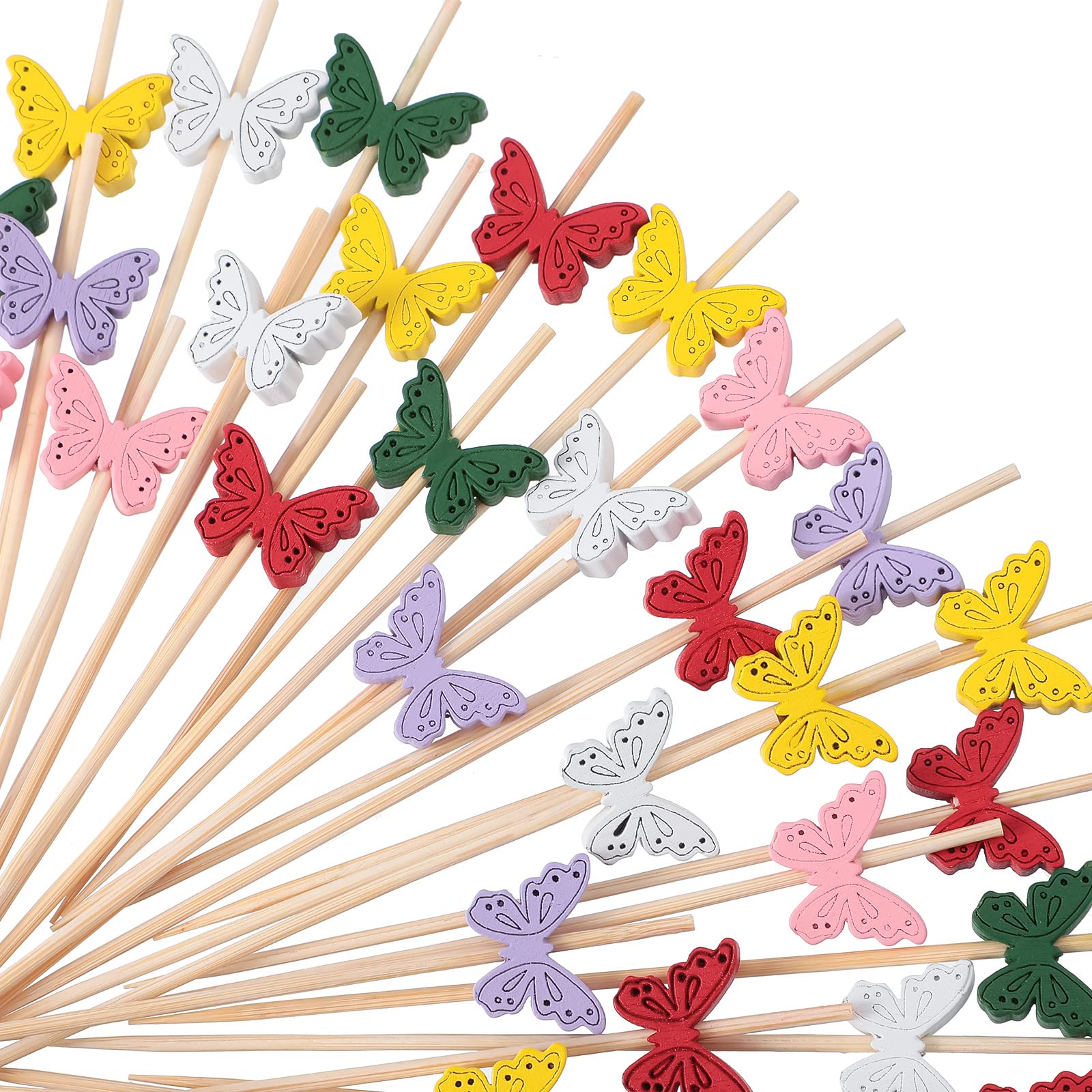 Photo 1 of 100 Pcs 4.7 Inch Butterfly Cocktail Picks Wooden Colorful Cake Fruit Party Vegetable Sticks Cocktail Toothpicks Disposable Bamboo Skewers for Birthday Party Food Appetizers Decoration