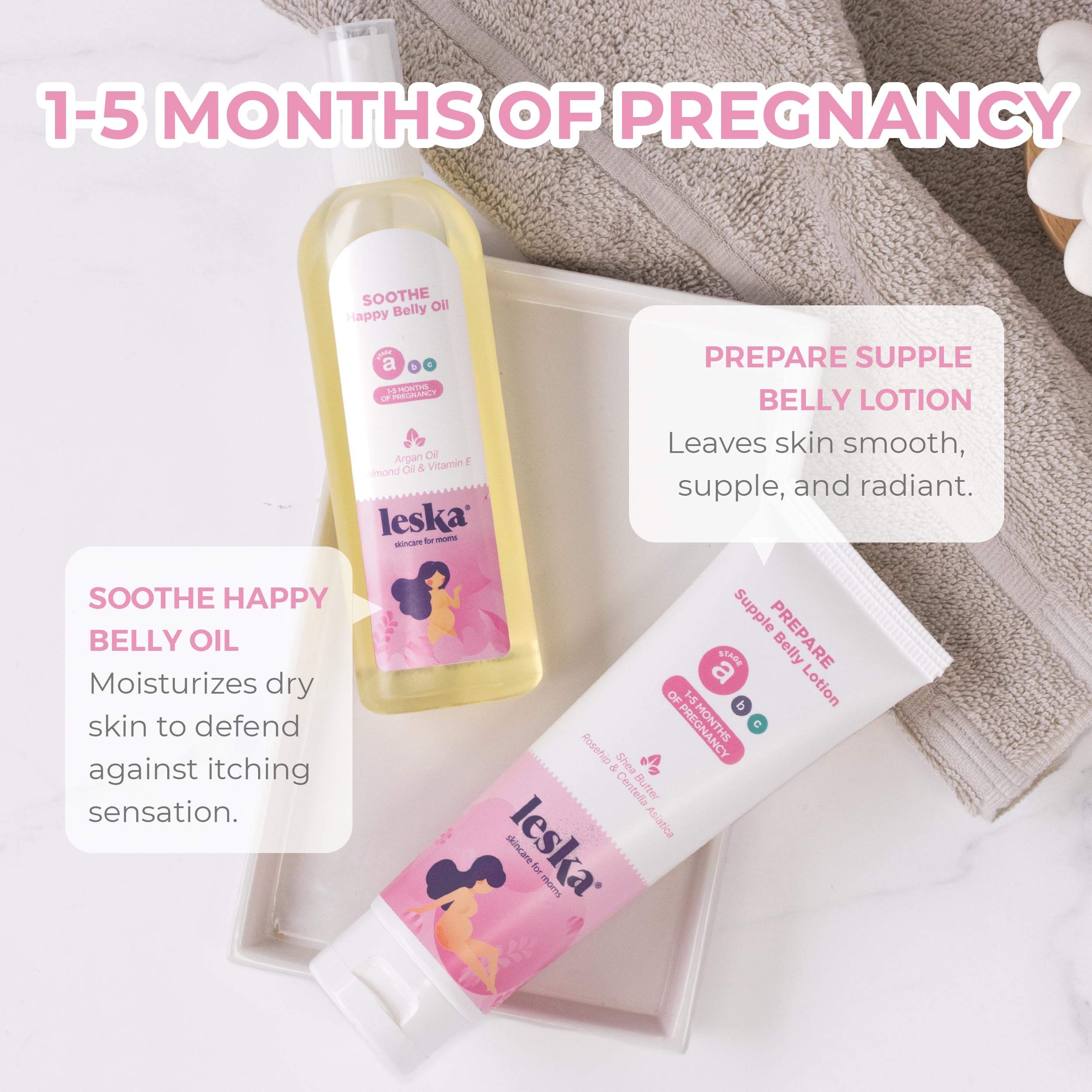 Leska Maternity Lotion & Oil | STAGE A: PREPARE & SOOTHE Supple Belly Lotion & Happy Belly Oil (Pregnancy Months 1-5) | Part of a Complete 3-Stage Pregnancy Skincare System | New Mom Gifts (4-4.22oz)