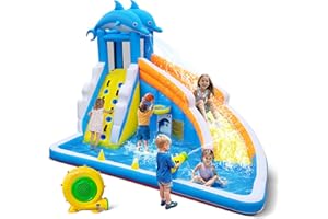 Culaluva Inflatable Water Slide for Kids: 5 in 1 Dolphin Blow up Bounce House - Splash Pool Cannon Climbing Wall Basketball Rim 480W Blower - for Backyard Outdoor Birthday Party