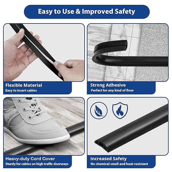 CORD COVER FLOOR 6FT WHITE, PVC FLOOR CABLE COVER, CORD HIDER FLOOR CORD PROTECTOR PREVENT CABLE TRIPS & PROTECT WIRES, FLOOR CABLE MANAGEMENT HIDE CORDS ON FLOOR, CORD CAVITY -W0.47 X H0.28