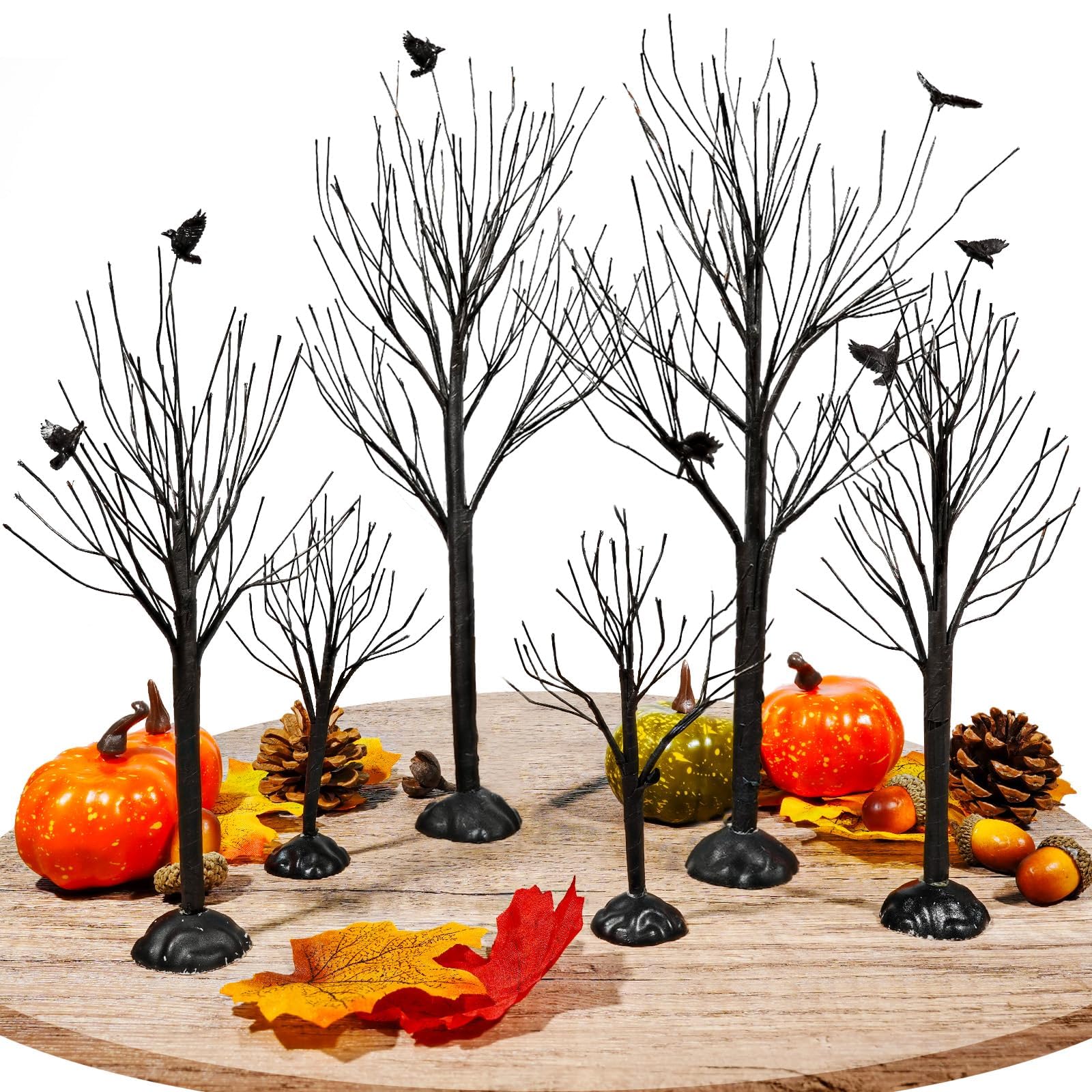 Photo 1 of Warmtree 6 Pcs Halloween Village Trees Mini Decor Tree Artificial Tabletop Branch Trees, Halloween Village Accessories with Crows Figurine for Holiday Home Garden Office Festival Decor