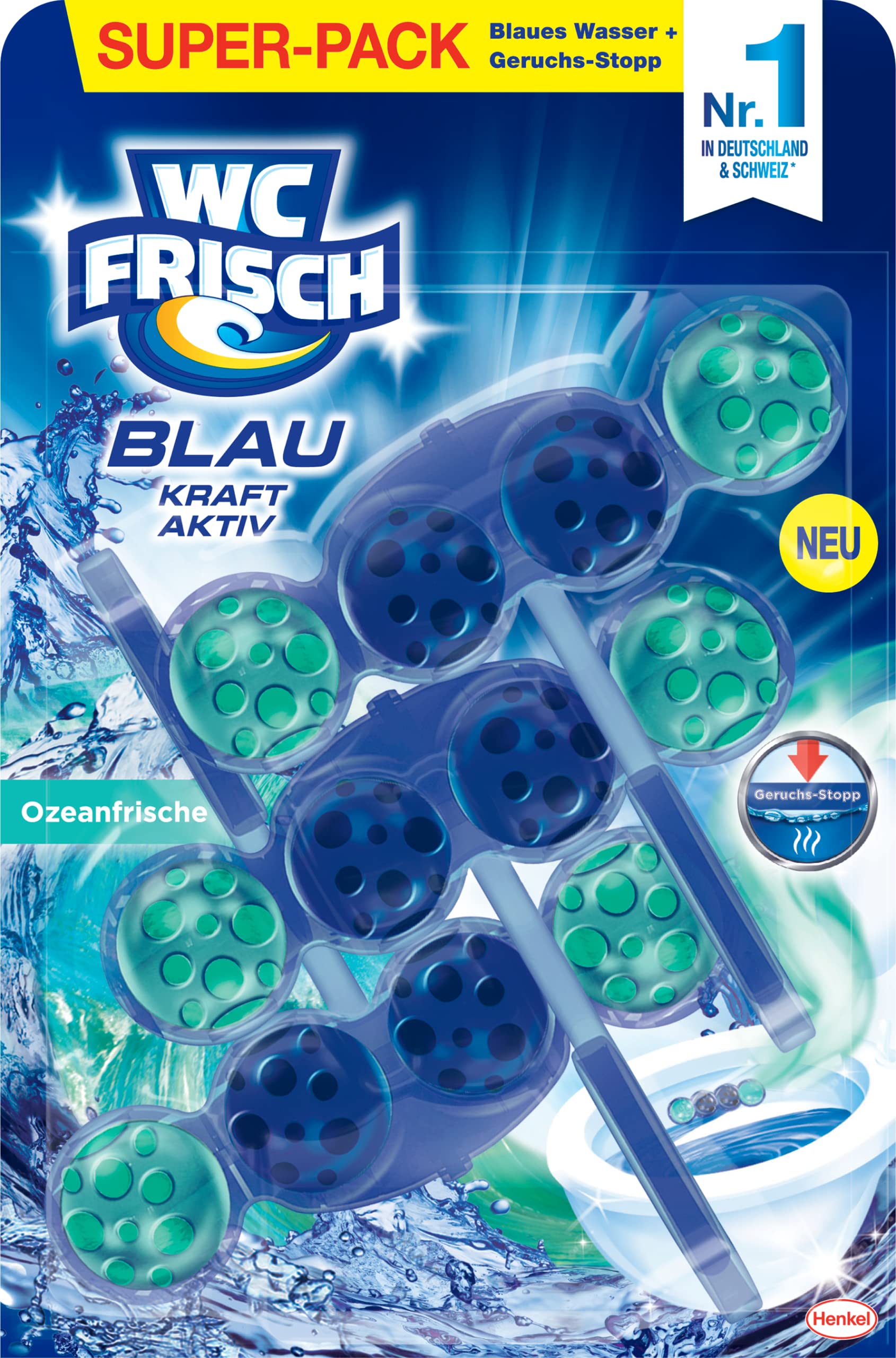 WC FRISCH Kraft Aktiv Blauspüler Ozeanfrische (150 g), WC Reiniger mit innovativer Geruchs-Stopp-Formel, Duftsteine für extra Frische und eine sichtbare Reinigung
