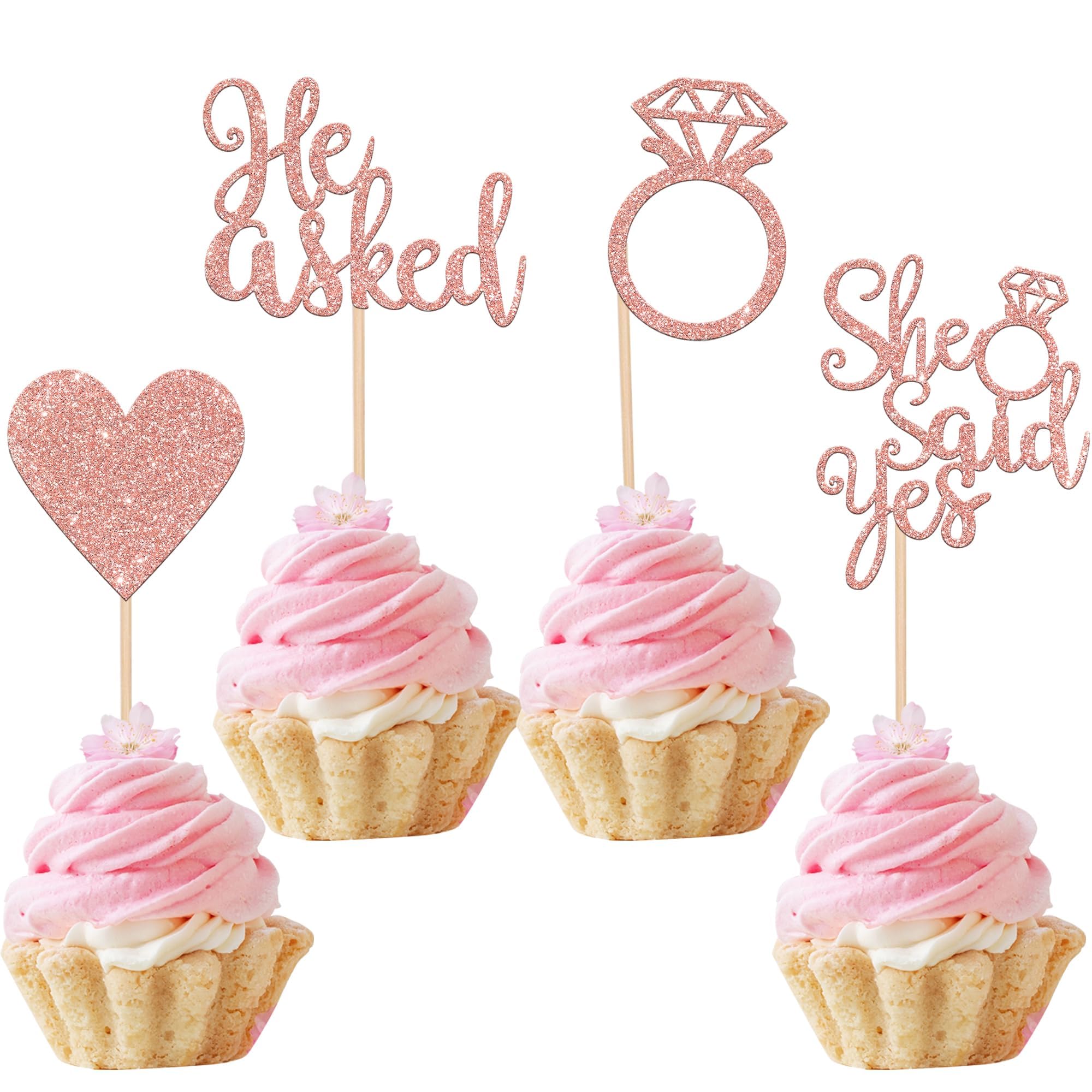 Xsstarmi 24 Pack He Asked She Said Yes Cupcake Toppers Glitter Heart Ring Bachelorette Cupcake Picks Wedding Engagement Cake Decorations for Wedding Bridal Shower Party Supplies Rose Gold