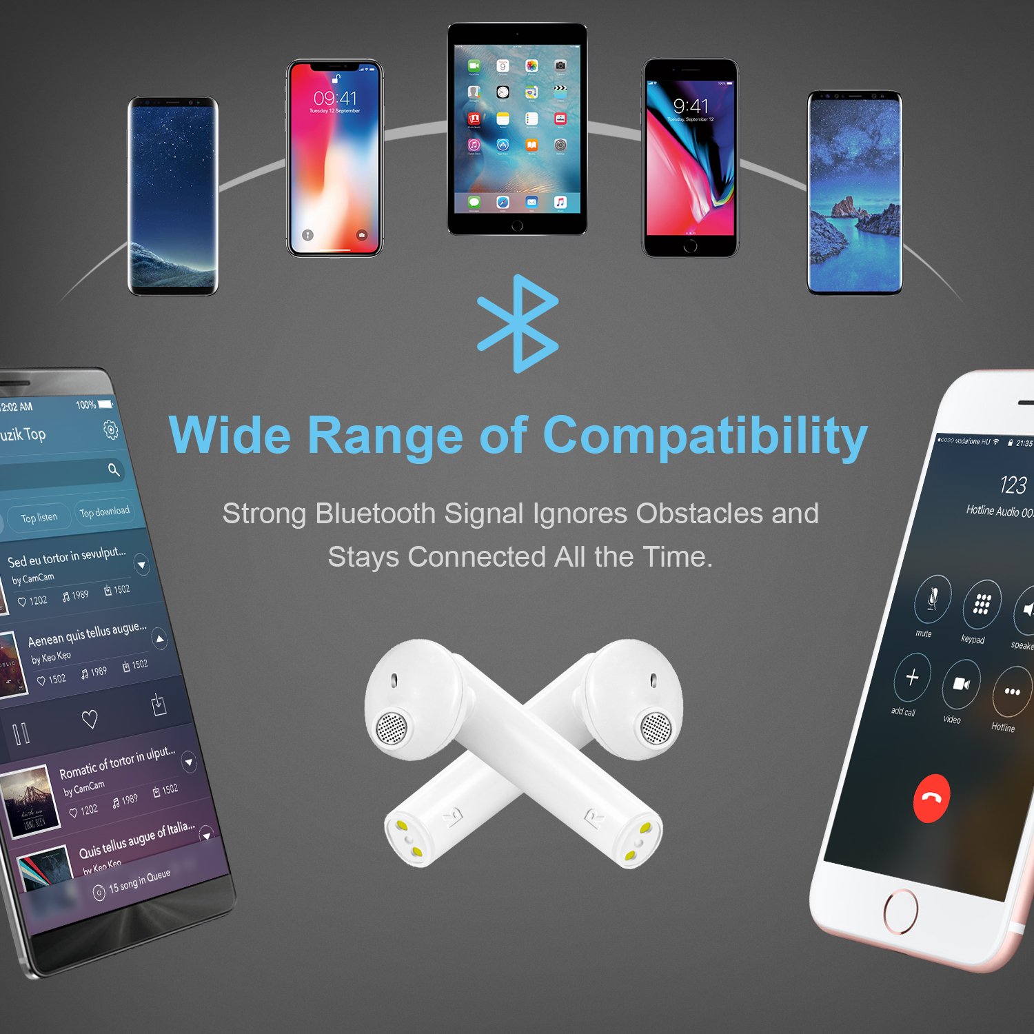 True Wireless Earbuds ICEtek Bluetooth In-Ear Headphones with Built-In Mic & Charging Case for iPhone iPad Android Phones Devices, White Stylish Sweat Proof for Sports (True Wireless Earbuds)